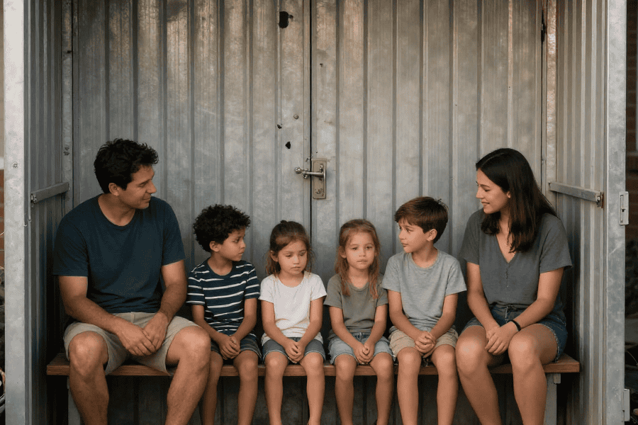 A family safely bunkered inside an above-ground storm shelter