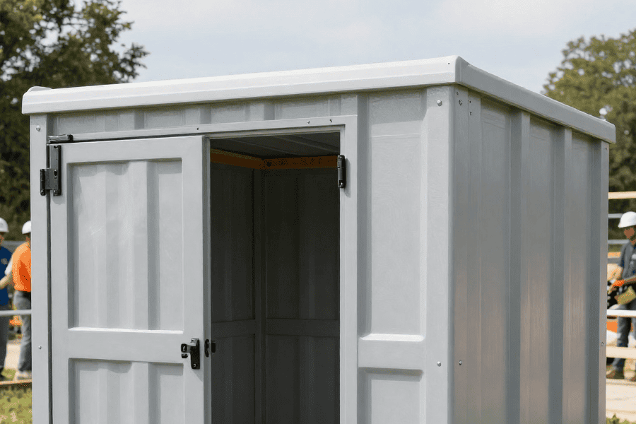An above-ground storm shelter installed on a backyard