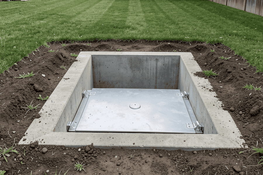 An in-ground storm shelter placed behind a residential backyard