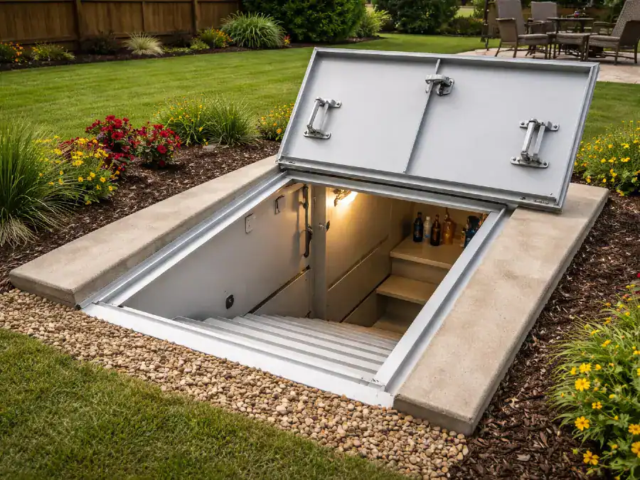 Backyard tornado shelter with garden setting