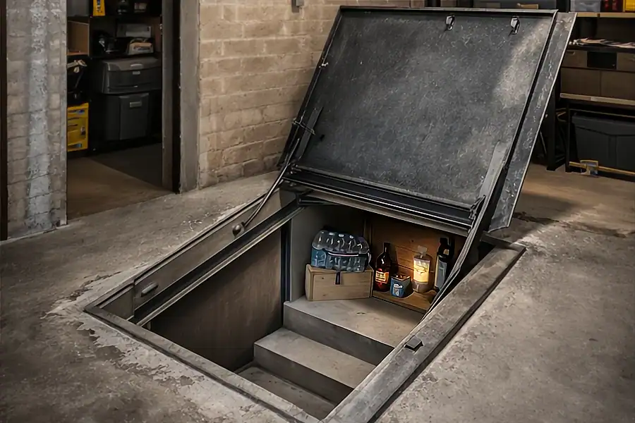 Below-ground storm shelter installed in basement