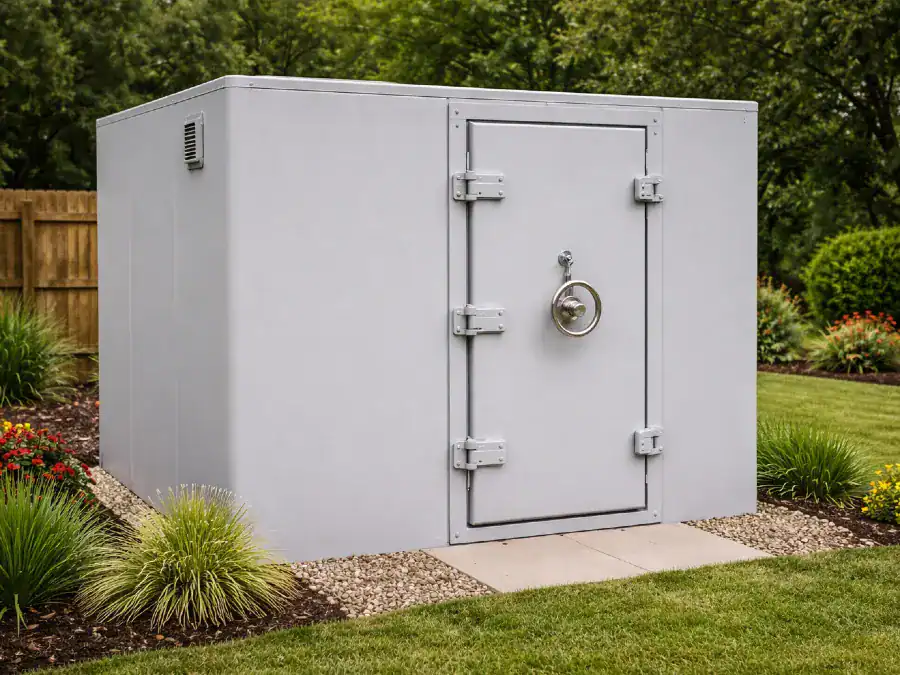 Daytime view of storm shelter