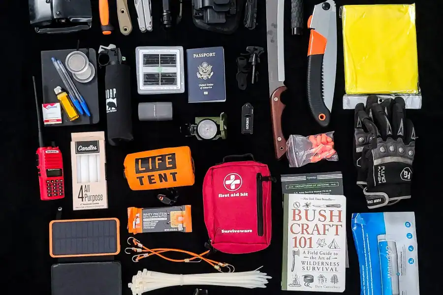 Emergency kit and first aid supplies for severe weather preparedness