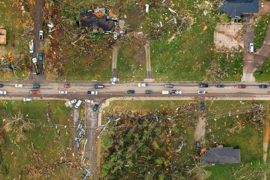 Residential neighborhood damaged by a tornado and high winds.webp