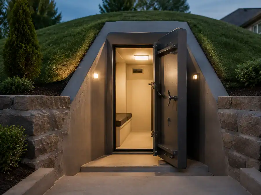 Storm shelter entrance at dusk
