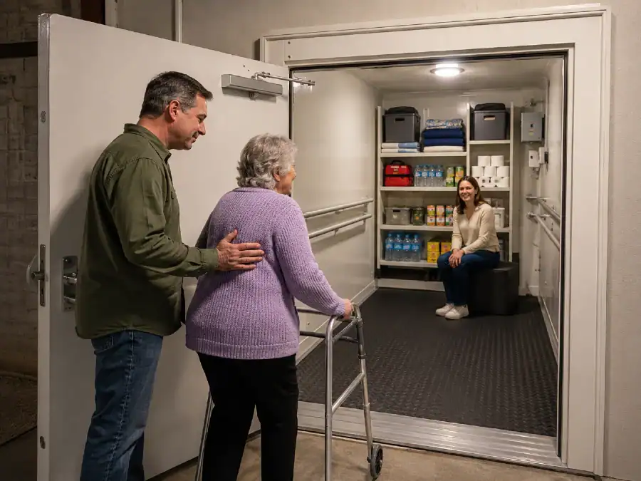 Storm shelter with door wide enough to accommodate a walker