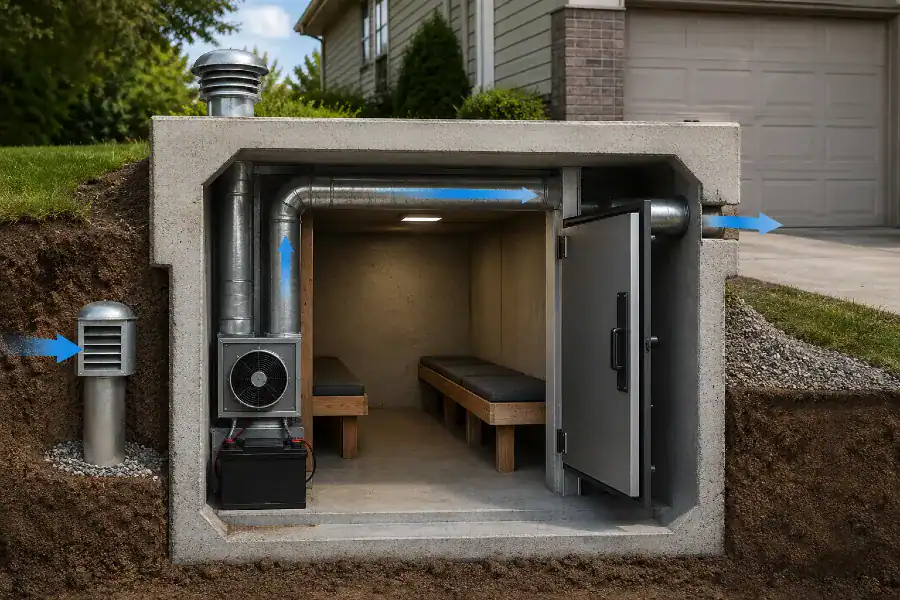 Underground storm shelter with powered fan, ductwork, and backup battery