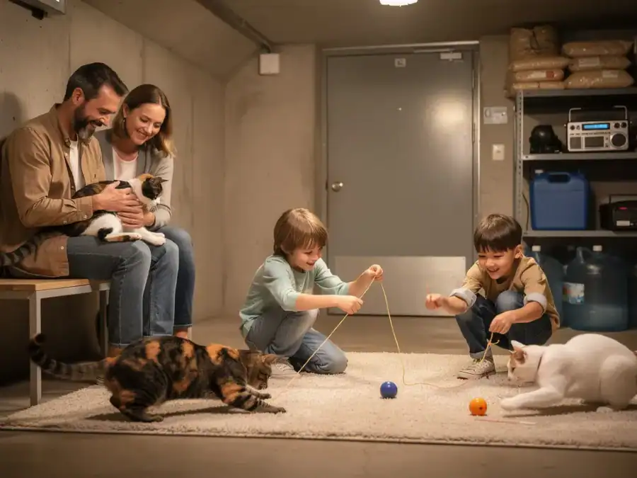 a cozy storm shelter where cute cats are playfully interacting with family members